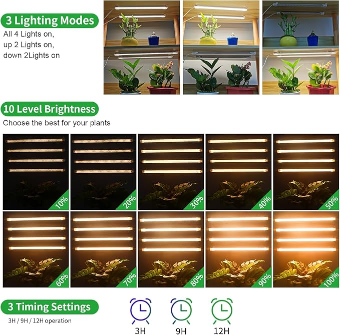 LED Plant Growing lamp Strips, Full Spectrum 3500K Grow Light for Indoor Plants with 3/9/12H Timer and 10 Dimmable Levels for Green House Hydroponics Succulent，4 Head 13 Inches