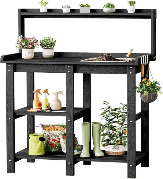 ONBRILL Potting Bench, Outdoor Potting Bench Table with Removable Sink, HDPS Potting Benches for Outside, Garden Table with Storage Shelves & 4 Side Hooks, No Rot, No Fade, No Break, 360lbs Capacity