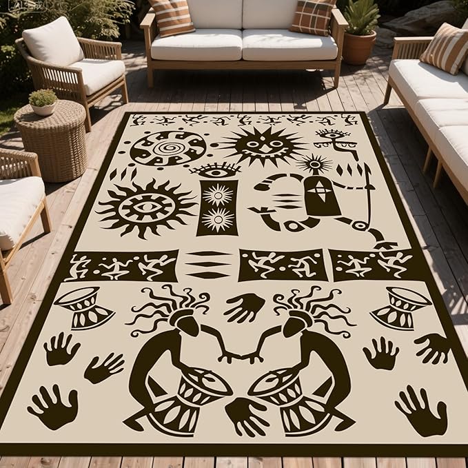 WILDROOTS 5x8 Feet Plastic Tribal Outdoor Rug, Stain Resistant Waterproof Reversible Outdoor Patio Rug, Fade Resistant Camping Rug (Ivory Beige)