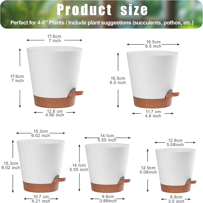 Self Watering Planter Pots Set of 5-7", 6.5", 6.02", 5.55", 5.08" Indoor & Outdoor Flower, Herb, and Succulent self Watering pots with Saucer Reservoir, Drainage System, and Modern White Design