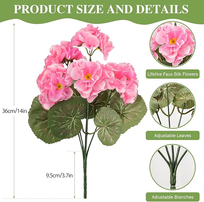 famibay Artificial Flowers for Outdoor Indoor Garden Home Decoration, 8 Bundles Silk Geraniums UV Resistant Look Real Faux Plants for Front Door Porch Planter Urn Patio Garden,Pink