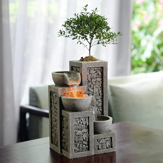 Kalona Indoor Tabletop Water Fountain – 3-Tier Resin Waterfall with LED Lights, Mini Bonsai Planter & Cascading Water Flow – Soothing Desk Fountain for Home, Office, Meditation Decor(22024)