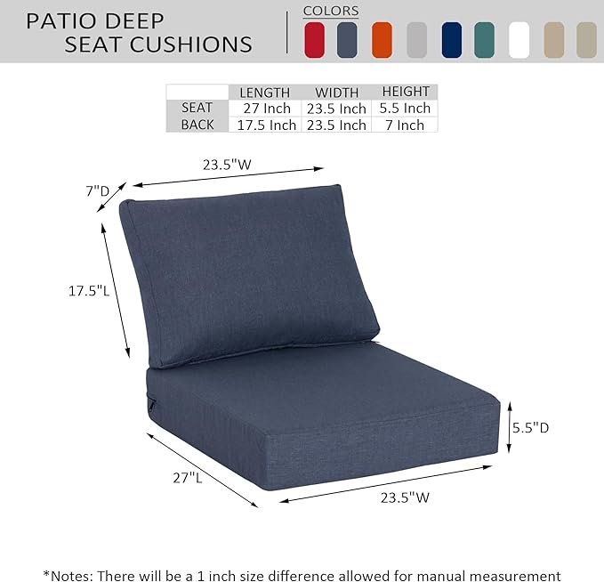 23.5"x27" Outdoor Deep Seat Patio Cushions Set of 2, Deep Seat Bottom Resilient Foam Filling Water-Resistant Stain-Resistant UV Resistant Weather Resistant with YKK Zippers, Sky
