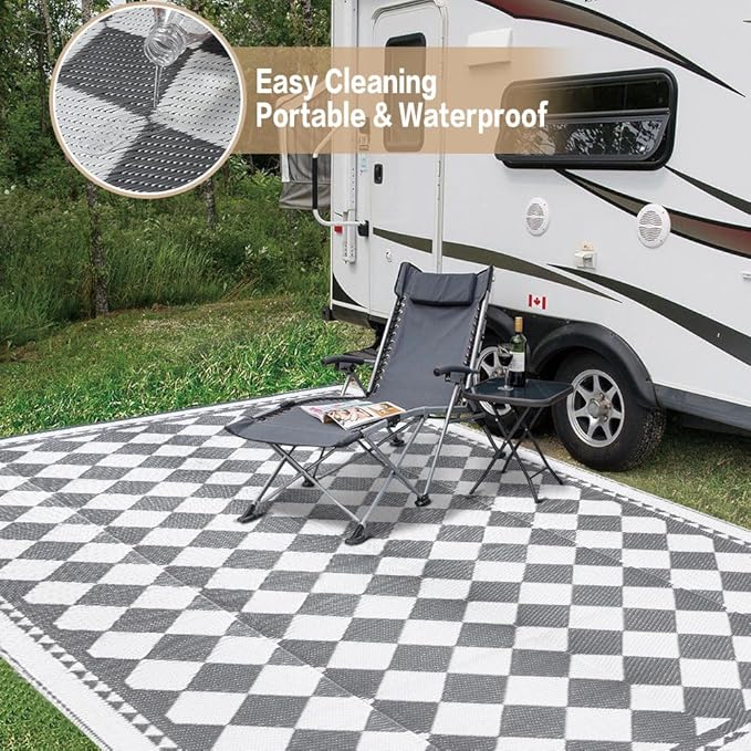HUGEAR Outdoor Waterproof Rug 6'x9' Plastic Straw Rugs Washable Reversible Floor Mat Grey Plaid Carpet for Camping RV Deck Entryance Porch Picnic Balcony Beach Backyard