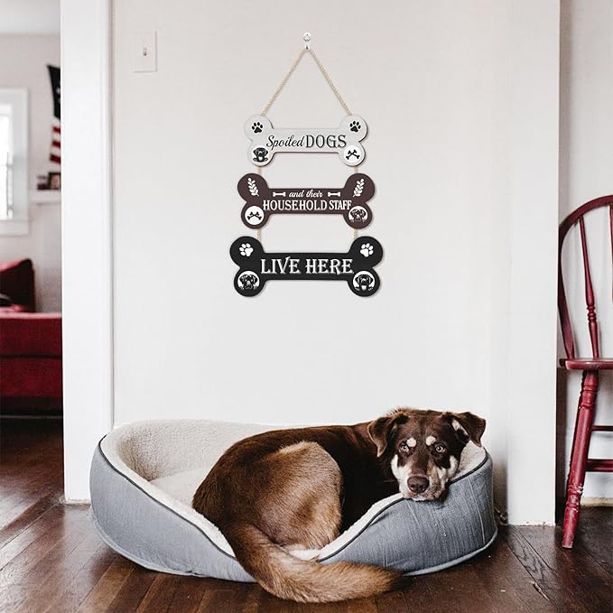 HLNIUC Funny Dog Wooden Sign,Spoiled Dogs Door Sign And Their Household Staff Live Here Wall Decor,Bone Shape Hanging Plaque for Porch Front Door,Dog Welcome People Tolerated Plaque for Dogs Lovers