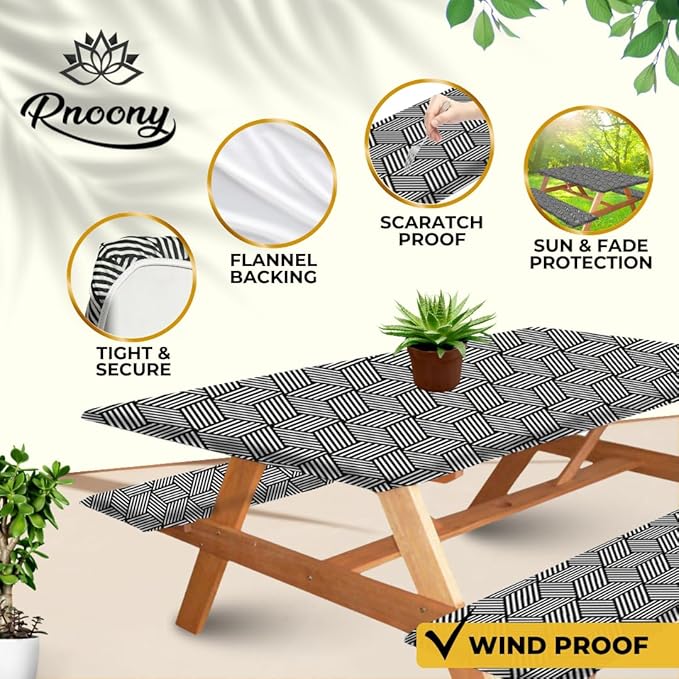RNOONY 8ft Polyester Picnic Table Cover with Bench Covers Windproof & Waterproof Tablecloth, Perfect for Camping Gifts & RV Essentials, Cool Camping Gadgets, with Carrying Bag, 96x30 Inches, 4Pcs