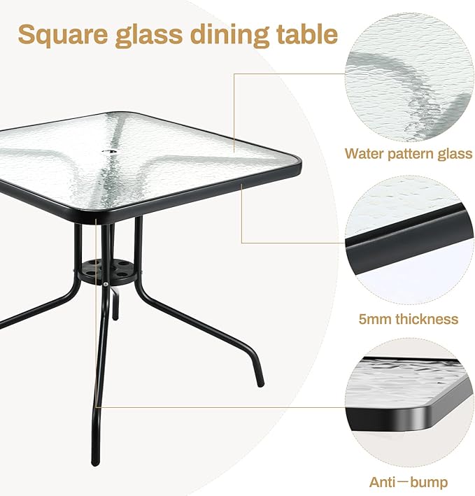 Arlopu 5 Piece Outdoor Patio Dining Set (Umbrella not Included), Porch Furniture with 4 Textline Chairs, 1 Square Glass Table for Garden, Backyard and Poolside, Lawn (Grey)