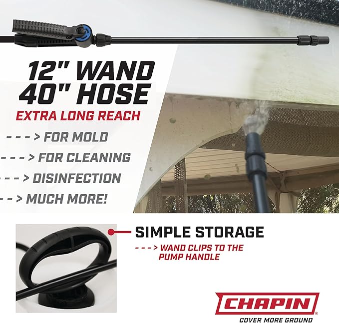 Chapin 22074 Bleach Pump Sprayer, 2‑Gallon, Lawn & Garden, Bleach‑Resistant Poly Tank, Funnel‑Top, Anti‑Clog Filter, Adjustable Cone Nozzle, 40" Hose for Cleaning, Mold & Disinfecting Applications