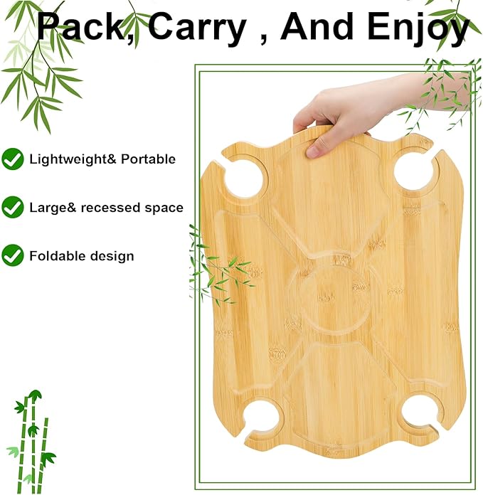 Yesland Portable Picnic Table, Foldable Champagne Picnic Snack Tray, Collapsible Wooden Outdoor Camping Table with Wine Glasses Holder for Park, Beach, Bed, Road Trip, Wine Lover Gift