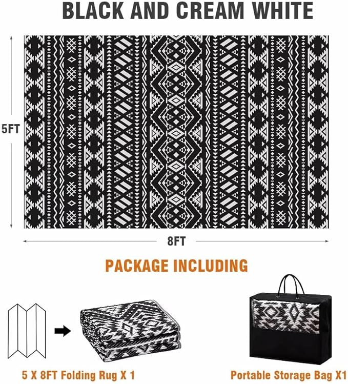 Pendolr 5’x8’ Outdoor Rug Waterproof Carpet Patio Rugs Outdoor Plastic Straw Rug Camping Rug Reversible Outside Outdoor Area Rug for Balcony Deck Backyard RV Picnic Beach Black&White 02#