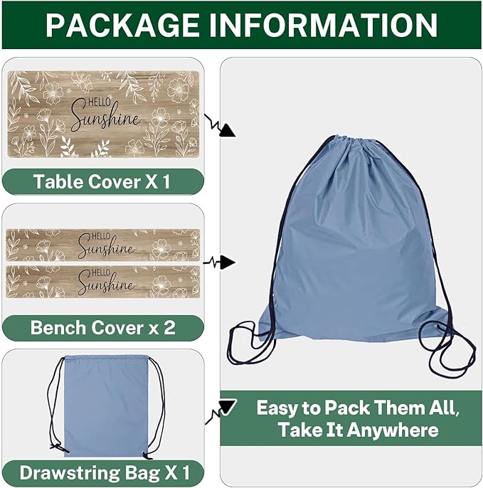 Picnic Table Cover with Bench Covers Elastic Edges, Flower Wood Camper Fitted Table Cover, Outdoor Patio Camping Essentials 72 Inch 3PCS, Waterproof Camping Fitted Tablecloth with Drawstring Bag