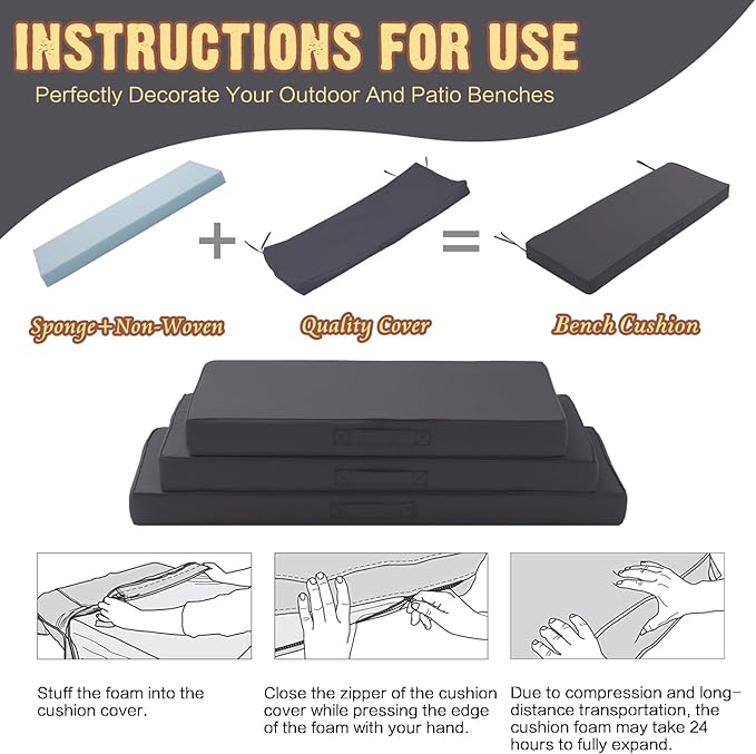 Outdoor Bench Cushion 4 inches Memory Foam Waterproof Patio Furniture Bench Cushion Porch Swing Cushion with Handle and Adjustable Strap, 42 x 18 Inch Dark Gray