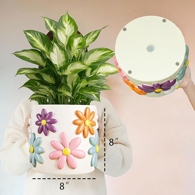 GUGUGO 8 Inch Daisy Planters, Decorative Large Plant Pots with Drainage Holes, Funny Unique Flower Pot for Indoor Plants, Colorful Gardening Pot for Boho Modern Home Décor, Blue