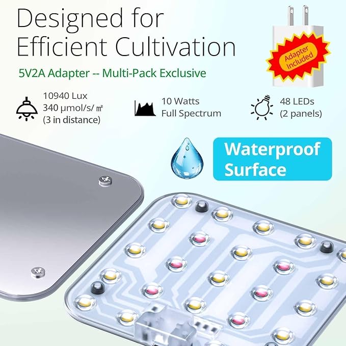 DOMMIA Full Spectrum LED Grow Light for Indoor Plants, 2 Panels 10W with 6/12/16h Timer Dimmable Plant Lights for Flower Veg Plant Growth USB, Pinkish White, 2-Pack