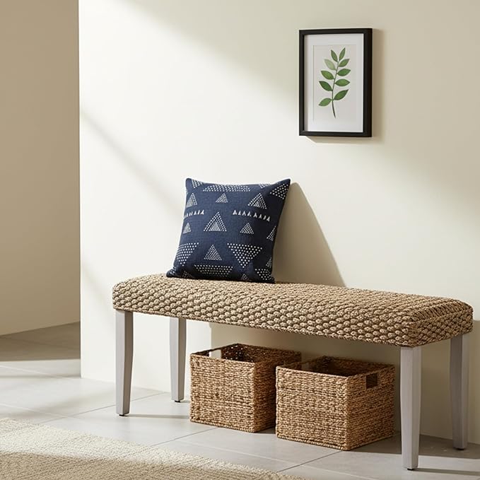 Solid Wood Acacia Bench with Natural Woven Seat, Boho Bench Entryway, Entry Bench Seat, Wood Bench for Living Room, Porch Lawn Garden Yard or Entryway (Grey Leg, Water Hyacinth)