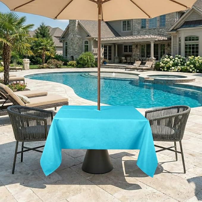 Outdoor Tablecloth Wrinkle-Free Stain Resistant Waterproof Polyester Fabric Table Cover with Zipper Umbrella Hole for Picnic/Party/Dinner/Patio Garden(60×60inch Square,Zippered,Aqua)