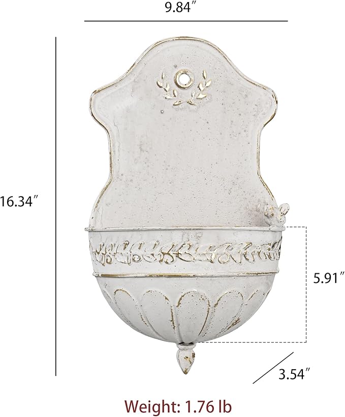 Vintage Distressed White Metal Wall Planter, Rustic Hanging Pocket Planter with Scrollwork & Scalloped Design, Farmhouse Wall Decor for Indoor & Covered Outdoor Garden, Porch & Entryway