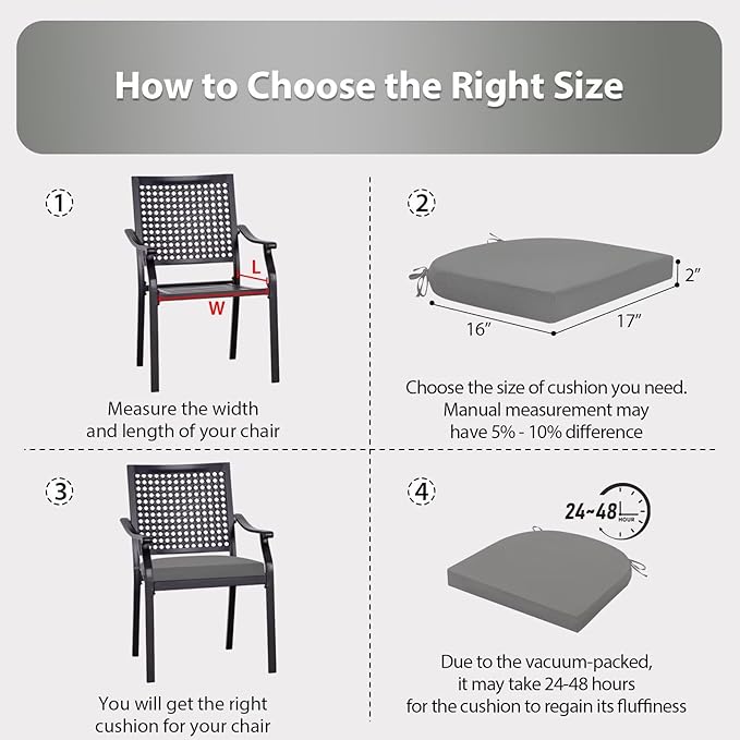 Outdoor Chair Cushions Set of 4, 17 x 16 Inch Patio Chair Cushions for Outdoor Furniture, Water Resistant, Non-Slip Ties (Light Grey)