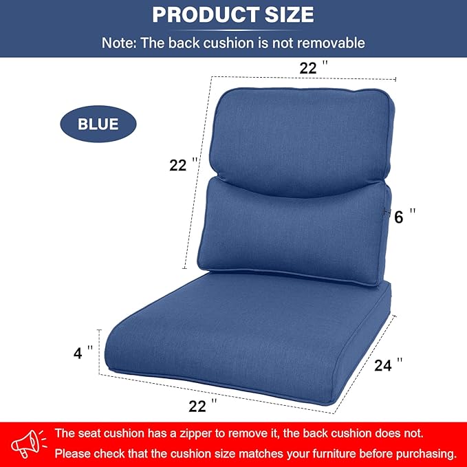 Outdoor Chair Cushions - 22 * 24" Outdoor Patio Cushions with Removable Cover, 28D High Density Sponge Filling Patio Furniture Cushions for Chairs, Rocker, Sofa and Loveseat - Blue
