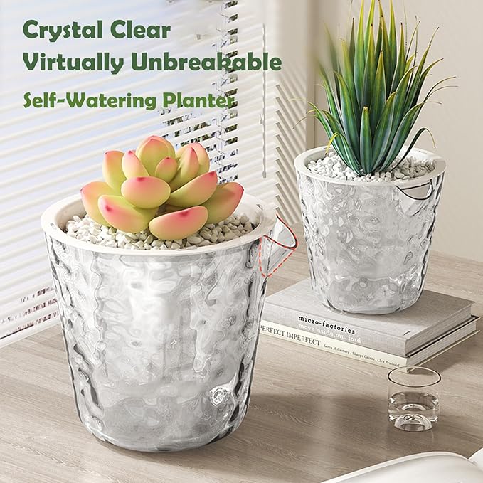 3-Pack Self Watering Plant Pots, 5 Inch Clear Flower Pots with Drainage Holes, Tray and Rope, Plastic Self Watering Planters for Indoor Outdoor Garden Plants, African Violet, Herbs