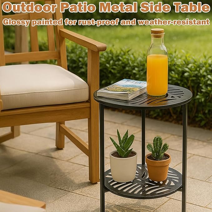 13" Two-tiered Metal Round Side Tables Small Black Outside End Table for Patio Round Accent Garden Corner Stand for Small Spaces Weather-resistant Outdoor Coffee Table for Balcony Porch Plant Stand