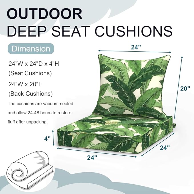Outdoor Deep Seat Cushion Set, Water Repellent 24"x24" Patio Thick Cushions Replacement with Seat & Back Pillow for Patio Sofa, Wicker Chair, Couch - Swaying Palms Green