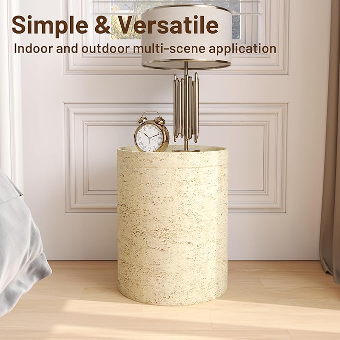COSIEST Outdoor Side Table, Cylinder Shaped MgO Patio End Table, Lightweight Accent Table with Tray Top, Round Plant Stand Tool for Garden and Deck, Beige