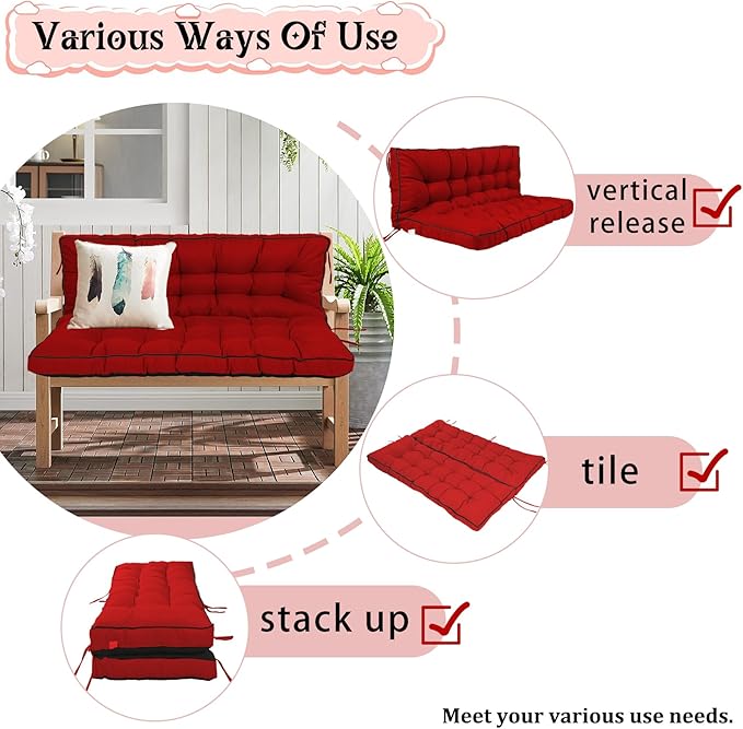 2-3 Seat Swing Replacement Cushion, Outdoor Bench Cushions with Backrest Thicken 4", Patio Furniture Garden Porch Loveseat Glider Pad Anti-Fading Waterproof (Red, 40x55in)