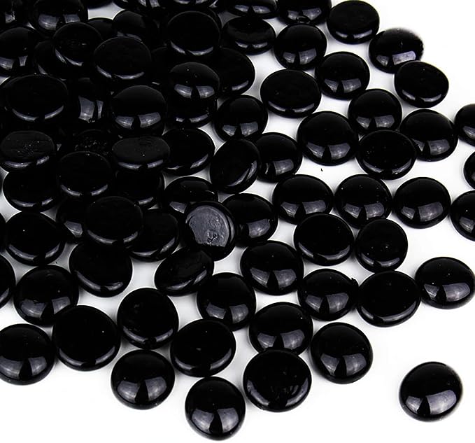 CYS EXCEL Black Glass Gemstone Beads Vase Fillers (1 LB) Flat Marble Beads Multiple Color Choices Aquarium Decor Rocks Floral Stones Decorative Mosaic Glass Gem Pebbles (Approx. 85-100 PCS)