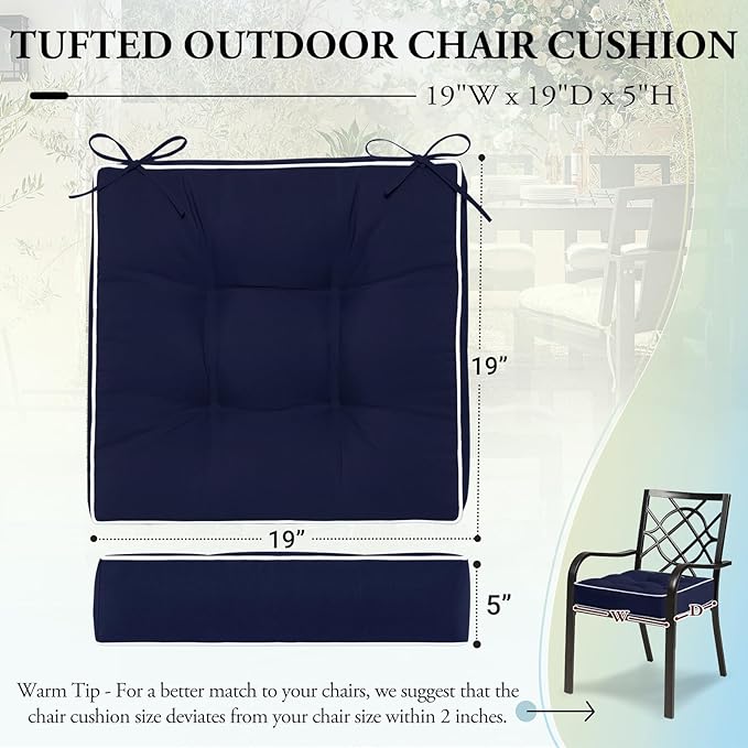 Wellsin Outdoor Chair Cushions Set of 2, Patio Cushions for Outdoor Furniture, Tufted Waterproof Outdoor Chair Pads, 19 x 19 Inch, Navy
