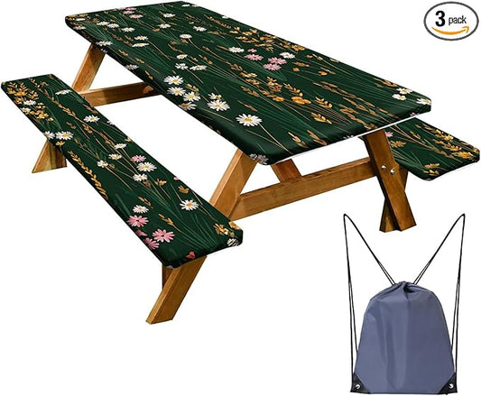 Picnic Table Cover with Bench Covers Set of 3 - Vintage Floral White Flowers on Dark Background, Elastic Fitted Tablecloth for 6 Ft Tables, Washable Polyester Cover for Patio, Indoor & Outdoor