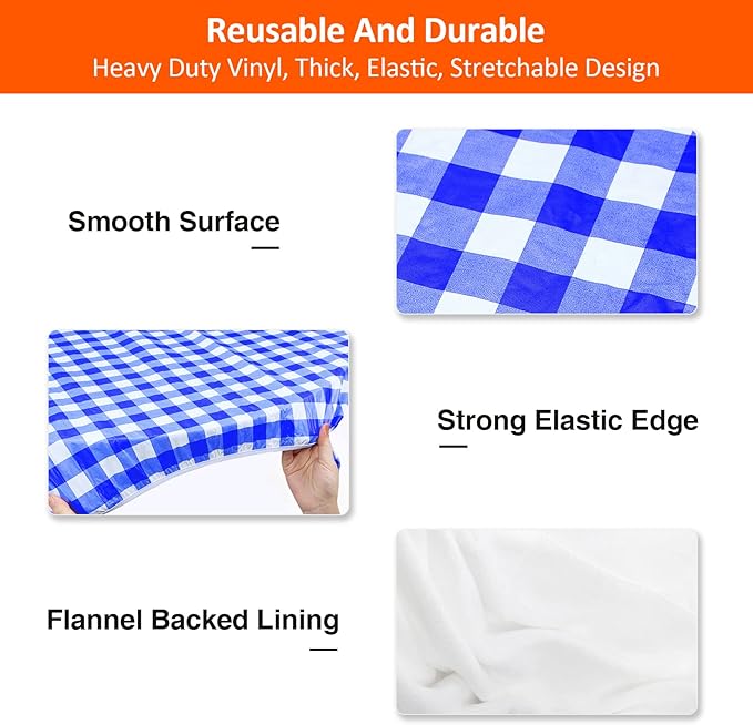 KENOBEE 8ft Picnic Table and Bench Cover, Camping Essentials RV Gear, 96 in Waterproof Windproof Outdoor Elastic All Around Tablecloth, Fitted Rectangle Tables and Seats, Blue-White Checkered