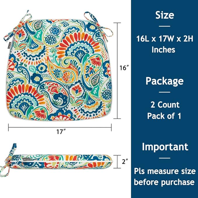 Magpie Fabrics 17"x16"x2" U-Shape Chair Cushions with Ties 2 Count, Outdoor Indoor Waterproof All Weather Seat Pads Decoration for Patio Garden Dining Office - Paisley Multi