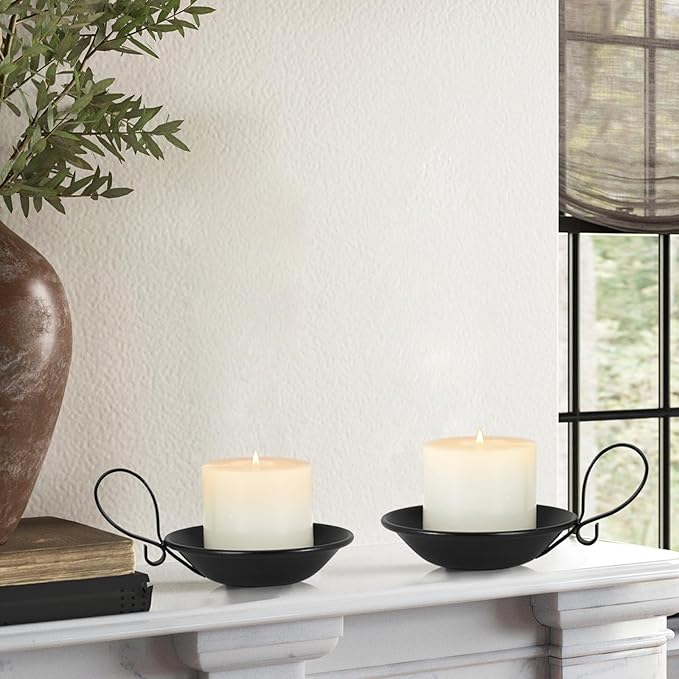 Matte Black Iron Candle Holder with Handle, 2pcs Iron Pillar Candle Holders with Safety Spike for Pillar/Ball Candles, Table Centerpiece Decoration