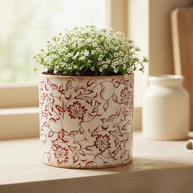 Decorative Planter Cachepot for Indoor Plants & Artificial Flowers, 6.8 Inch Distressed Pottery Vintage Rustic Ceramic Flower Pots, French Country Bookshelf Tabletop Home Decor, Gift (Burgundy)