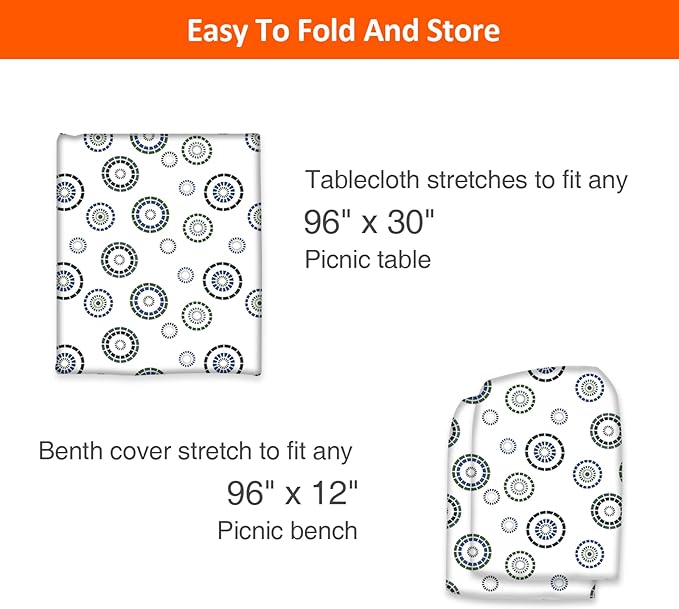 KENOBEE 8ft Picnic Table and Bench Cover, Camping Essentials RV Gear, 96 in Waterproof Windproof Outdoor Elastic All Around Tablecloth, Fitted Rectangle Tables and Seats, Blue Flywheel
