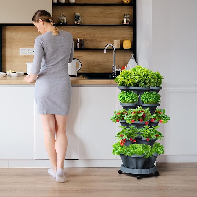 Strawberry Vertical Planters, 5 Tiered Stacking Tower Garden, Stackable Herb Vegetable Planters with Movable Casters and Bottom Saucer Indoor and Outdoor - Dark Grey