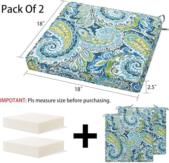 Magpie Fabrics Indoor Outdoor Waterproof Square Chair Cushion, 18" x 18" x 2.5", 2 Pack, Water Resistant Seat Cushions, for Patio Garden Office, Paisley Lapis Green