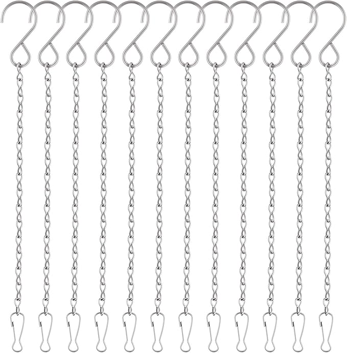 FEPITO 12 Pack Hanging Chains, 10 Inch Hanging Basket Chains, Garden Plant Hangers Metal Chains with Hooks Clips for Bird Feeders, Wind Chimes, Lanterns, Planters, Decorative Ornaments