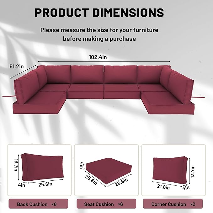 14 Piece Outdoor Sectional Cushions, Water-Resistant Outdoor Sofa Cushions Replacement, 4" High Density Foam Patio Furniture Cushions Fits 6-seat Rattan Conversation Set (Wine Red)