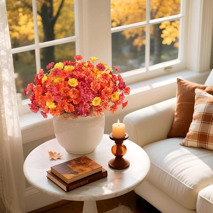 Fake Fall Flowers Artificial for Decoration, 12 Bundles Faux Plants Silk Orange Flowers Morning Glory Petunias Realistic UV Resistant for Outdoors Planter Porch Patio Window Box, Orange Yellow