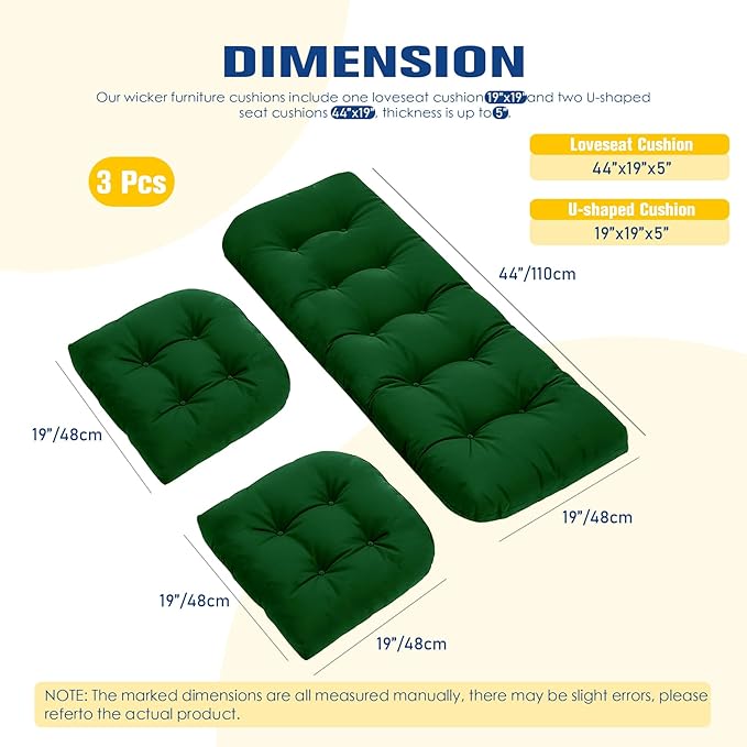 Wicker Chair Cushions Set of 3, Waterproof Outdoor Cushions Set for Patio Furniture, 1 Loveseat & 2 Seat Pads, Thick Outdoor Replacement Cushions for Porch Lawn Bench Couch Sofa, Emerald