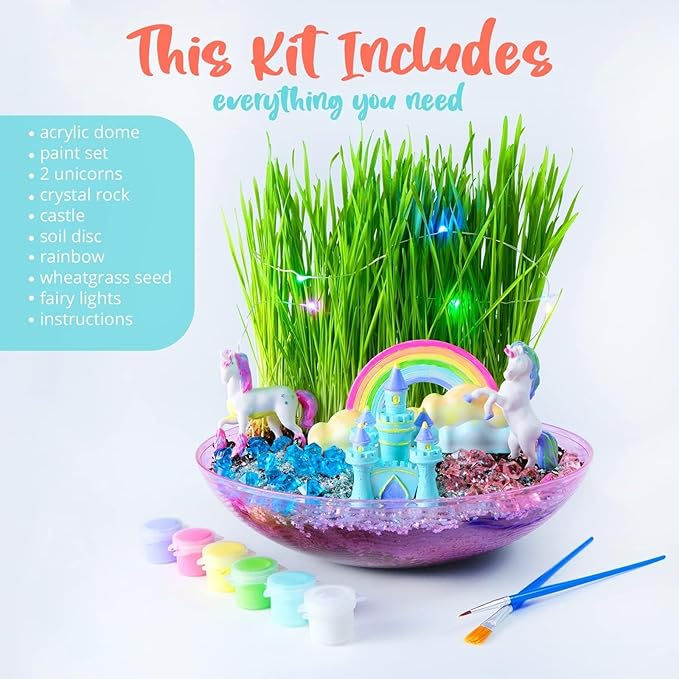 BRYTE Light Up Unicorn Terrarium Kit - Blue & Pink Round Plastic Dome, Ages 4-12 - Fairy Garden Kids Kit with Seeds & Terrarium Rock