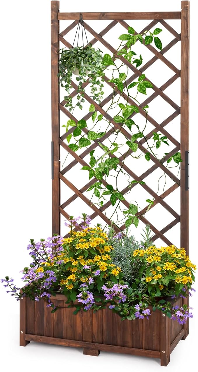 Outvita Wood Planter with Trellis, 29" x 17" x 67" Outdoor Raised Garden Bed with Drainage Holes, Vertical Standing Planter Box for Climbing Plants Vegetable in Garden, Patio, Balcony (Brown)