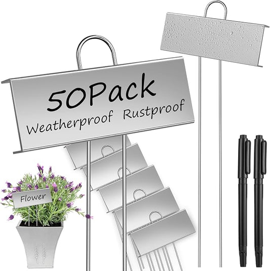 50 Pack Metal Plant Labels, Reusable Waterproof Garden Markers with Pen, Height 10.6'' Label Area 3.5'' X 1.2'' Nursery Seed Tags for Vegetables Flower Greenhouse(Silver)