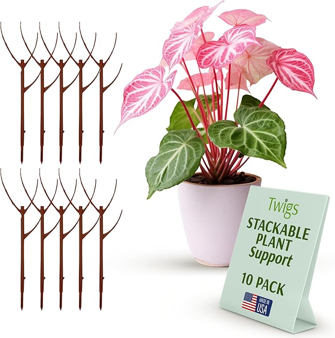 Stackable Plant Support Stakes, Indoor & Outdoor Houseplant Stem Support, Garden Accessories, Durable Trellis Alternative for Climbing & Potted Plants - Begonia Red, 10 Pack, 17" L
