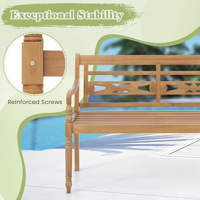Tangkula Outdoor Bench, 2-Person Garden Bench with Wide Backrest and Curved Armrests, Teak Wood Patio Bench for Backyard, Porch and Park, 600 LBS/300 KG Weight Capacity, Natural