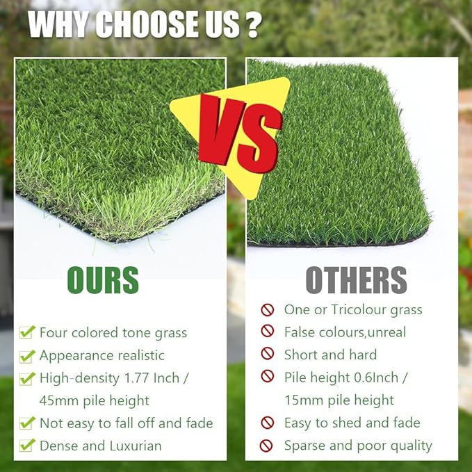 Petgrow Luxurious Artificial Grass Realistic Turf 6 X 60 Feet,1.57 Inch Pile Height Ultrathick Indoor/Outdoor Dog Fake Faux Grass,Synthetic Grass Rug Garden Landscape Patio,Drainage Holes