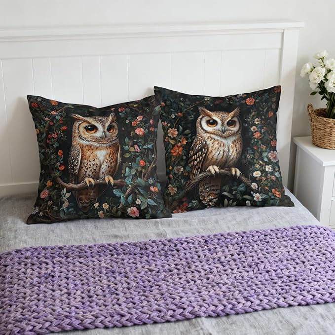 Owl Forest Pillow Covers 18x18 inch Set of 4, Mystic Woodland Flowers Dark Academia Throw Pillow Covers Farmhouse Cushion Case Decor for Sofa Couch