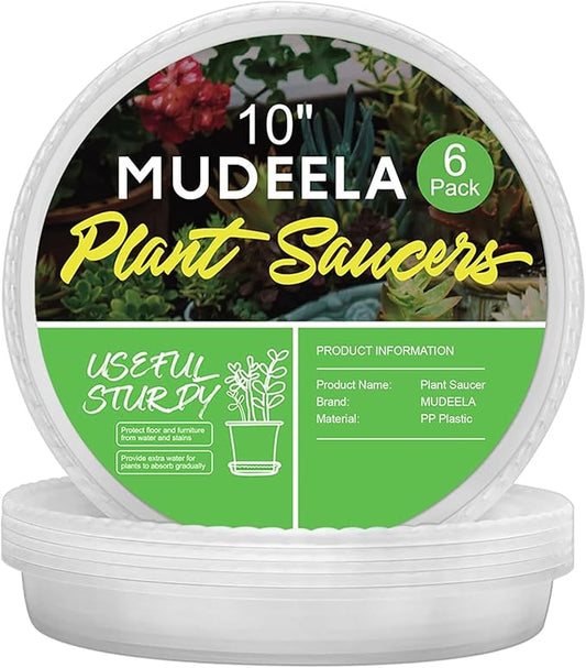 MUDEELA 6 Pack of 10 Inches Plant Saucers for Indoor, Durable Plastic Round Plant Tray Plant Dish Pant Plate to Catch Water for Flower and Plant Pot, Thicker, Stronger, Deeper, Clear